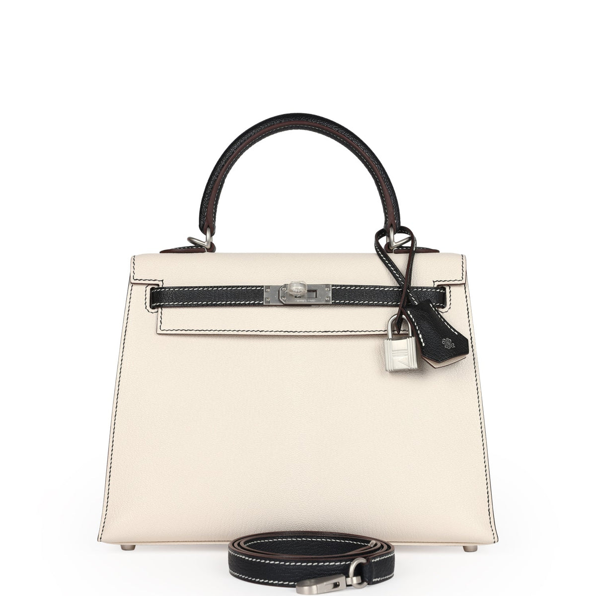 Hermès Special Order (HSS) Kelly Sellier 25 Nata and Black Chevre Mysore Brushed Palladium Hardware