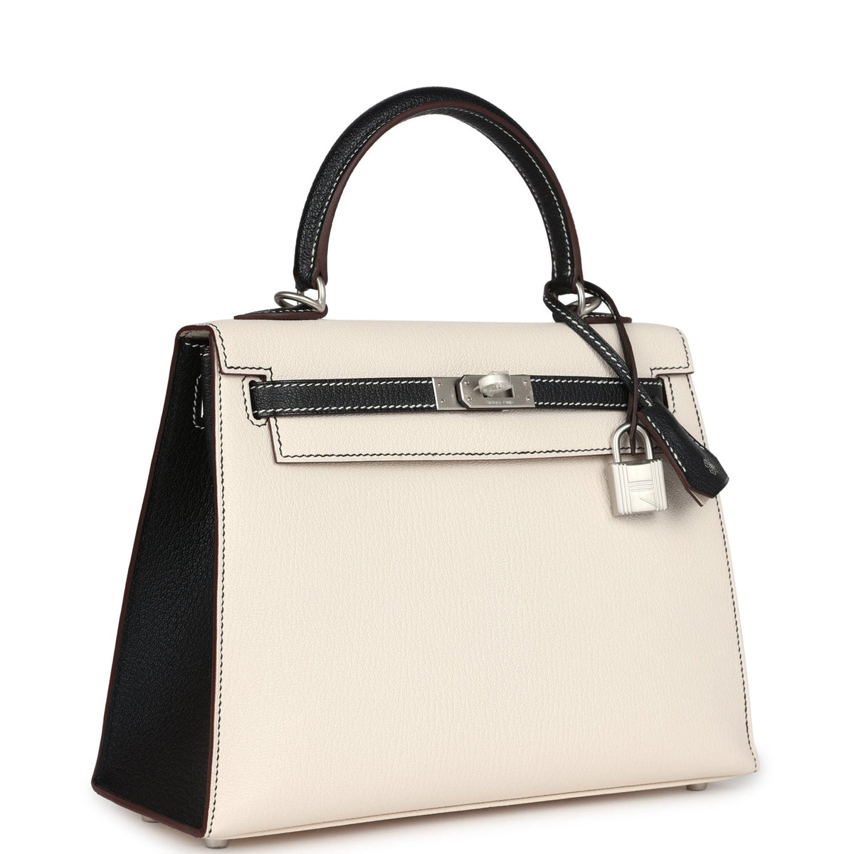 Hermès Special Order (HSS) Kelly Sellier 25 Nata and Black Chevre Mysore Brushed Palladium Hardware