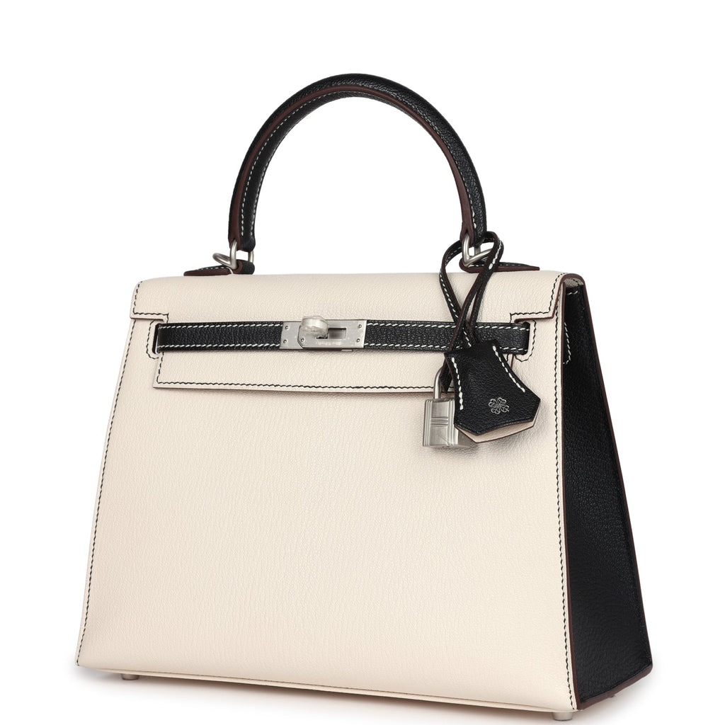 Hermès Special Order (HSS) Kelly Sellier 25 Nata and Black Chevre Mysore Brushed Palladium Hardware
