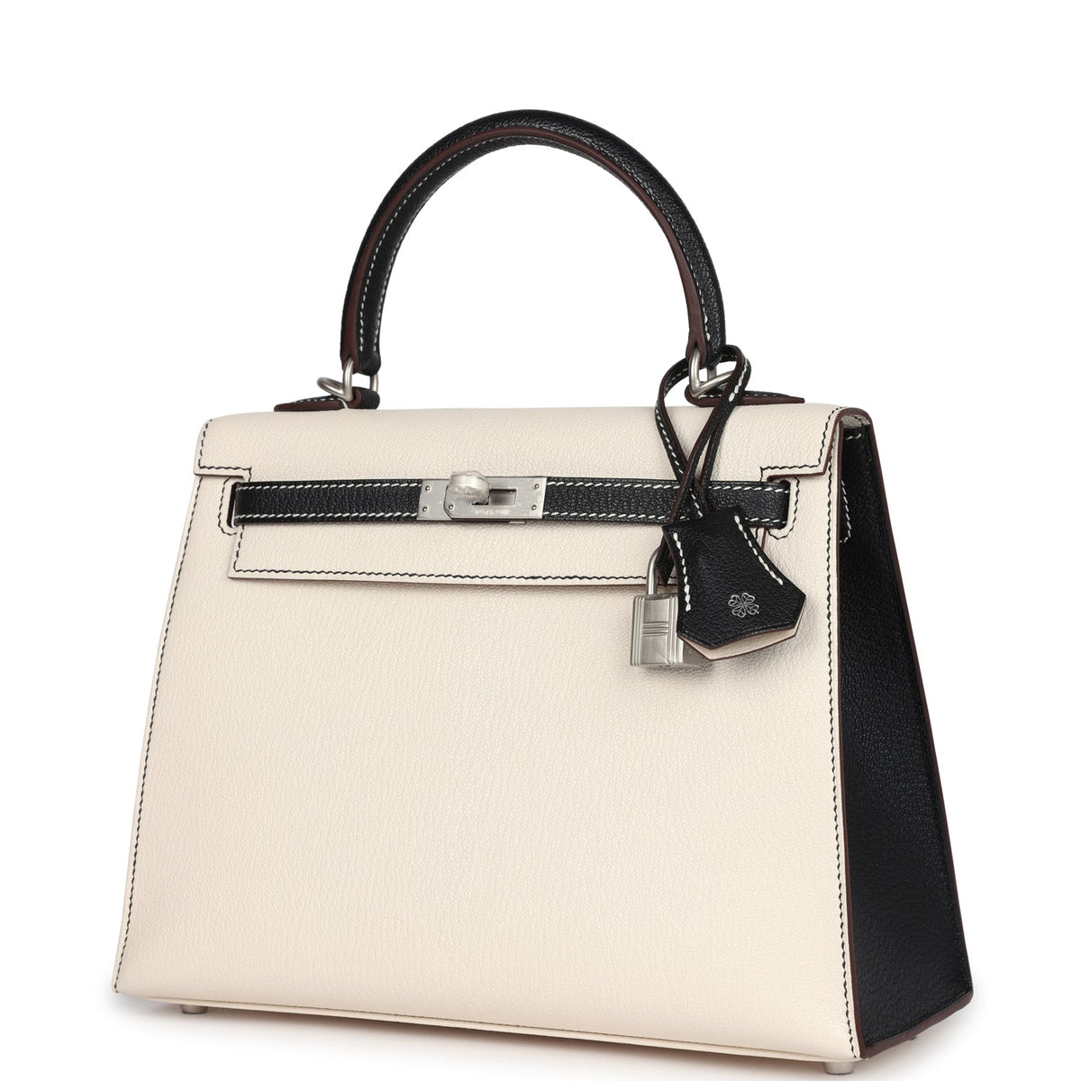 Hermès Special Order (HSS) Kelly Sellier 25 Nata and Black Chevre Mysore Brushed Palladium Hardware