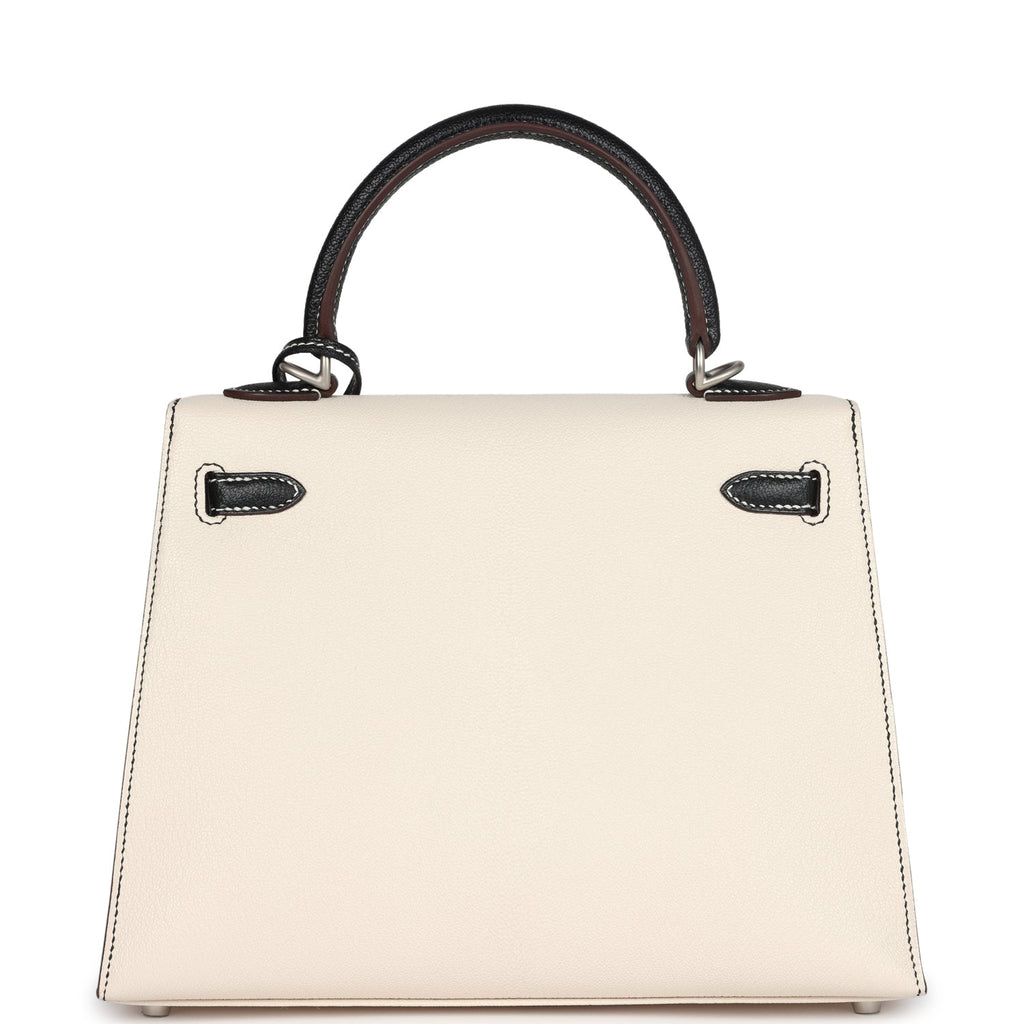 Hermès Special Order (HSS) Kelly Sellier 25 Nata and Black Chevre Mysore Brushed Palladium Hardware